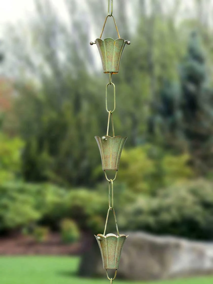 Fluted Flower Pure Copper Rain Chain, 8.5' 1 Fluted Flower Pure Copper Rain Chain, 8.5'