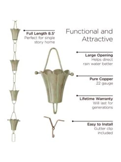 Fluted Flower Pure Copper Rain Chain, 8.5' 13 Fluted Flower Pure Copper Rain Chain, 8.5' -Garden Supply Store 8612742 03v