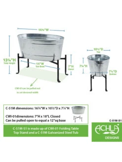 Achla Designs Mini Oval Galvanized Tub With Folding Stand -Garden Supply Store 8612906 04v
